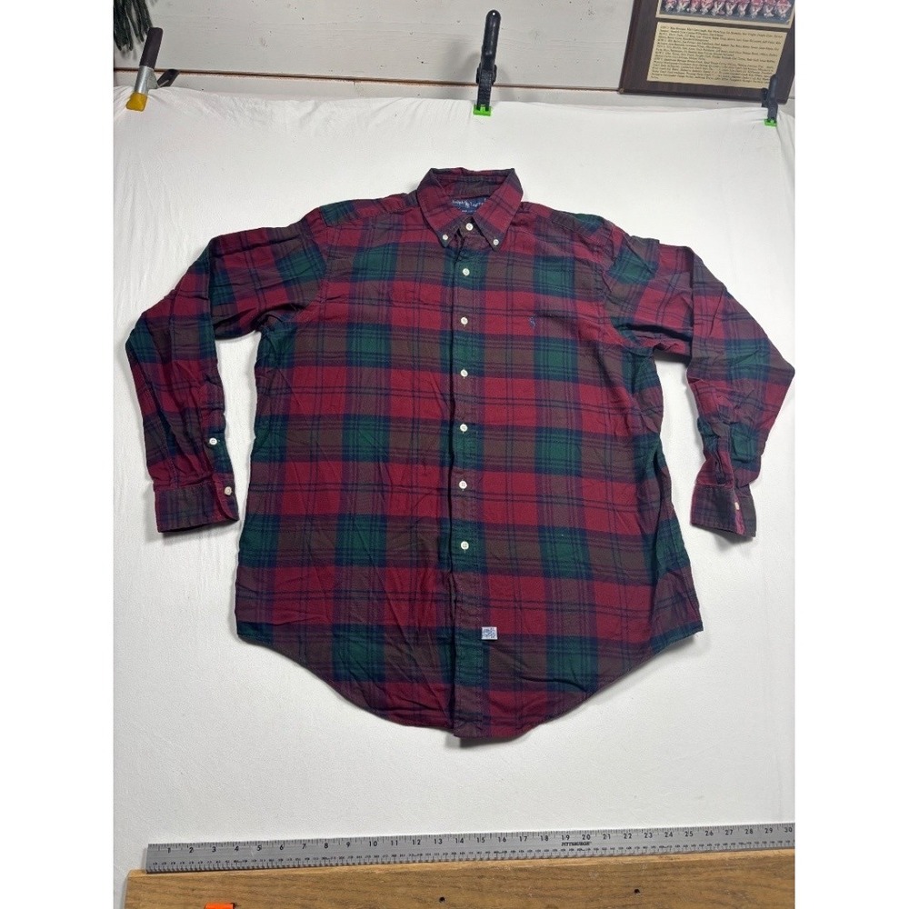 Polo Ralph Lauren Mens Large Plaid Flannel Button Down Shirt Red Green Cotton